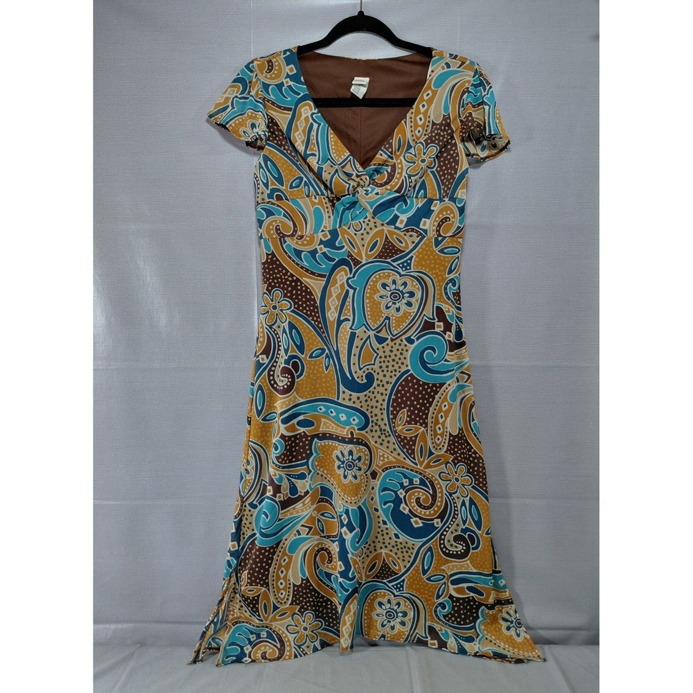 Y2K Sangria Paisley Mesh Overlay Empire Waist Dress Sz‎ 12 Cap Sleeve
